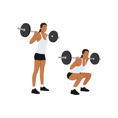 Woman doing Squat with barbell exercise. Flat vector illustration isolated on white background