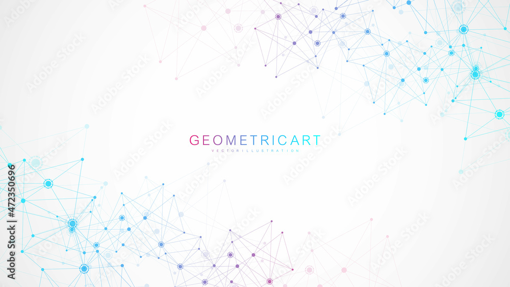 Poster geometric abstract background with connected line and dots. structure molecule and communication. bi