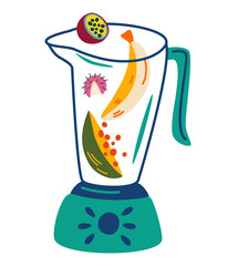 Blender with fruits. Tropical Fruit. Banana, lychee, papaya and passion fruit. Smoothie recipe. Healthy vegetarian food. For restaurant, menus and recipe books. Vector cartoon illustration.
