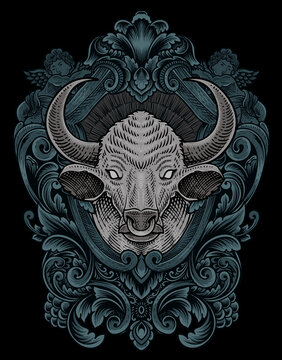 illustration vintage bull with engraving style