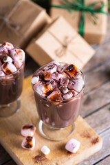Traditional Christmas drink, hot cocoa chocolate with roasted marshmallows