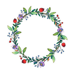 round watercolor wreath of flowers, berries and leaves on a white background.