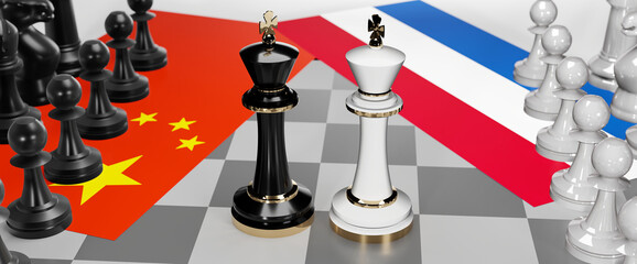 China and Netherlands - talks, debate, dialog or a confrontation between those two countries shown as two chess kings with flags that symbolize art of meetings and negotiations, 3d illustration