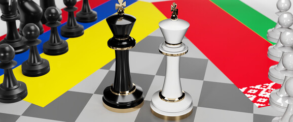 Colombia and Belarus - talks, debate, dialog or a confrontation between those two countries shown as two chess kings with flags that symbolize art of meetings and negotiations, 3d illustration