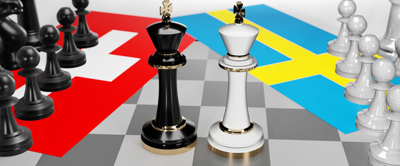 Switzerland and Sweden - talks, debate, dialog or a confrontation between those two countries shown as two chess kings with flags that symbolize art of meetings and negotiations, 3d illustration