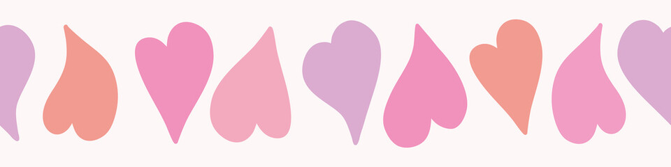 Heart pattern border design. Seamless vector repeat background banner of colourful cute love hearts in red and pink. Fun Valentine resource element.