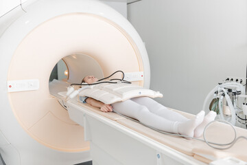 Medical CT or MRI Scan with a patient in the modern hospital laboratory. Interior of radiography...