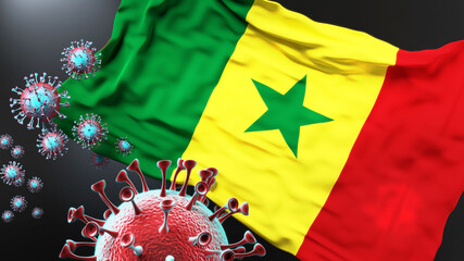 Senegal and the covid pandemic - corona virus attacking national flag of Senegal to symbolize the fight, struggle and the virus presence in this country, 3d illustration