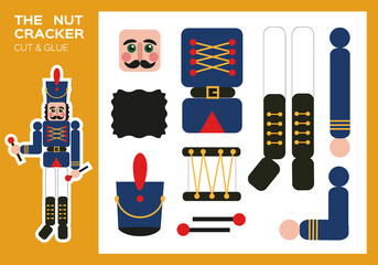 Nutcracker Cut and Glue. Traditional New Year Figurine Nutcracker. DIY Soldier. Worksheets for kids. Activity page. Happy Christmas paper craft game for children. Super motor skills.