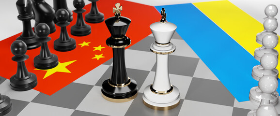 China and Ukraine - talks, debate, dialog or a confrontation between those two countries shown as two chess kings with flags that symbolize art of meetings and negotiations, 3d illustration