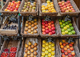 Vendor counter with colorful fruits , apple