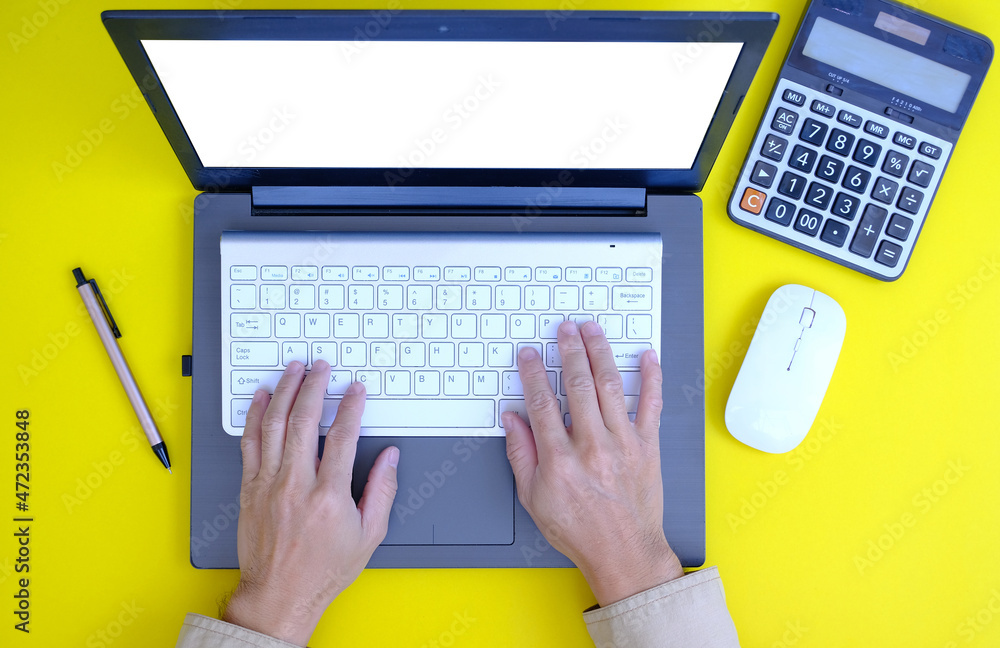 Poster man hands on the keyboard of a personal computer in the office or at home, suitable for both freelan