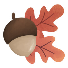 Oak seed and red oak leaves illustration for decoration on Autumn seasonal.