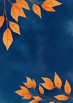 Autumn orange leaf frame and blue background illustration for decoration on Autumn season.