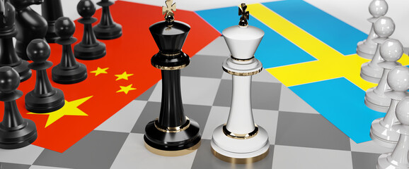 China and Sweden - talks, debate, dialog or a confrontation between those two countries shown as two chess kings with flags that symbolize art of meetings and negotiations, 3d illustration