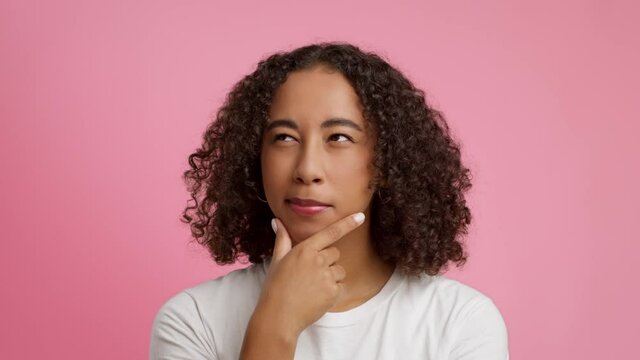 Black Woman Thinking And Nodding Head In Agreement, Pink Background