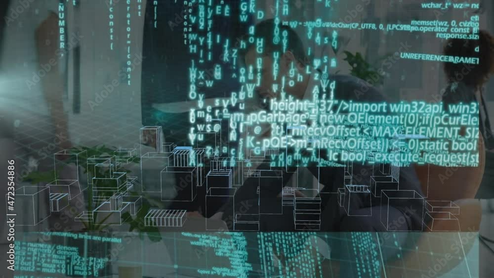 Poster animation of data processing and network of connections over businessman and 3d cityscape drawing