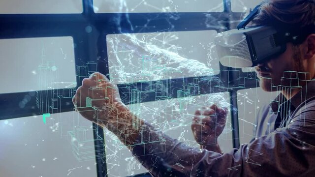 Animation of network of connections with man wearing vr headset over 3d cityscape drawing