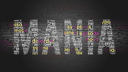 Mania - essential subjects and terms related to Mania arranged by importance in a 4-color high res word cloud poster. Reveal primary and peripheral concepts related to Mania, 3d illustration