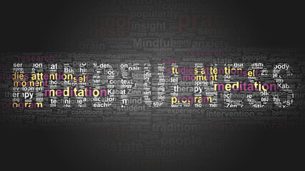 Mindfulness - essential terms related to Mindfulness arranged by importance in a 4-color word cloud poster. Reveal primary and peripheral concepts related to Mindfulness, 3d illustration