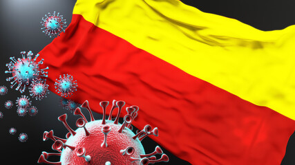Ceske Budejovice and covid pandemic - virus attacking a city flag of Ceske Budejovice as a symbol of a fight and struggle with the virus pandemic in this city, 3d illustration