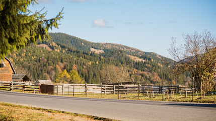 Obraz premium Forest and mountains views, concept of trip and travelling. European landscape view, concept of weekend in beautiful place