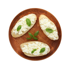 Bread with cottage cheese and basil isolated on white, top view