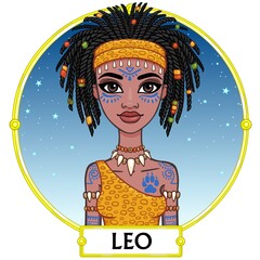 Zodiac sign Leo. Fantastic princess, animation portrait. Background - a frame, the night star sky. Vector illustration isolated on white.