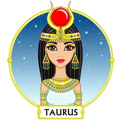 Zodiac sign Taurus. Fantastic princess, animation portrait. Background - a frame, the night star sky. Vector illustration isolated on white.