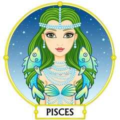 Zodiac sign Pisces. Fantastic princess, animation portrait. Background - a frame, the night star sky. Vector illustration isolated on white.