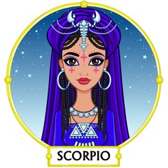 Zodiac sign Scorpio. Fantastic princess, animation portrait. Background - a frame, the night star sky. Vector illustration isolated on white.
