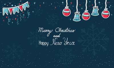 Greeting card with Merry Christmas and Happy New Year Lettering and Holidays decorations, in doodle style. Christmas and New Year Banner, Poster, Greeting Card