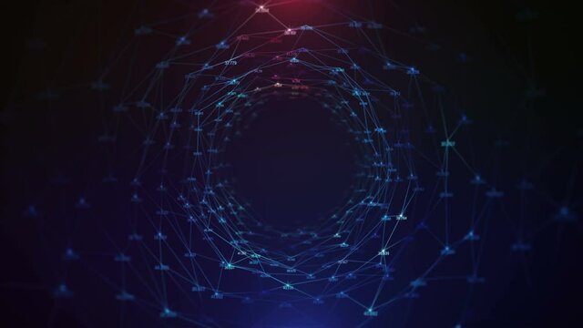 Looping parallax Plexus technological Tunnel lines and dots connection Hi speed internet, transfering data NFT HUD.Titles and logo template.Seamless digital Plexus Tunnel zoom in animation.