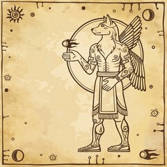 Fototapeta na wymiar Fantastic image of a winged dog, mythological character, pagan god with a human body. Background - imitation old paper, space symbols. Place for the text. Vector illustration.