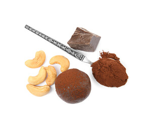 Delicious chocolate truffle with ingredients on white background, top view
