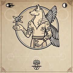 Fototapeta na wymiar Fantastic image of a winged dog, mythological character, pagan god with a human body. Background - imitation old paper, space symbols. Place for the text. Vector illustration.