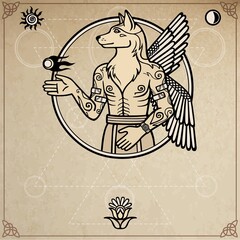 Fantastic image of a winged dog with a human body, mythological character, pagan deity. Background - imitation of old paper, space symbols. The place for the text. Vector illustration.
