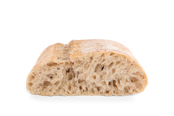 Cut ciabatta on white background. Fresh bread