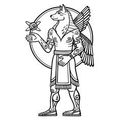 Fantastic image of a winged dog, mythological character, zodiac symbol of new year. Black and white drawing based on motives of Sumerian art, isolated on a white background. Vector illustration.