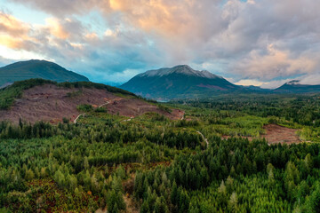 Landscape of mountains and forests with evidence of logging