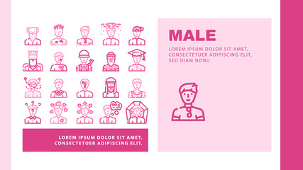 Male Business And Expression Landing Web Page Header Banner Template Vector Madness And Lovely Male, Choice Of Direction And Brain Explosion Man, Childhood, Old Aged Pensioner And Death Illustration