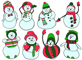 Snowmen in different poses with different characters dressed in New Year's colors.