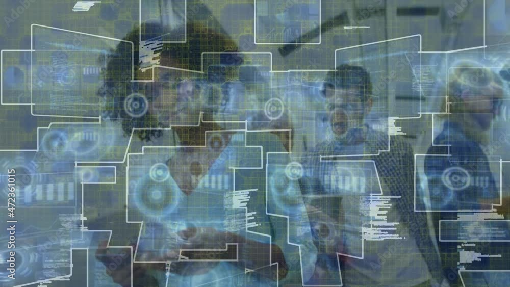 Aufkleber animation of scopes scanning and data processing over business people using electronic devices