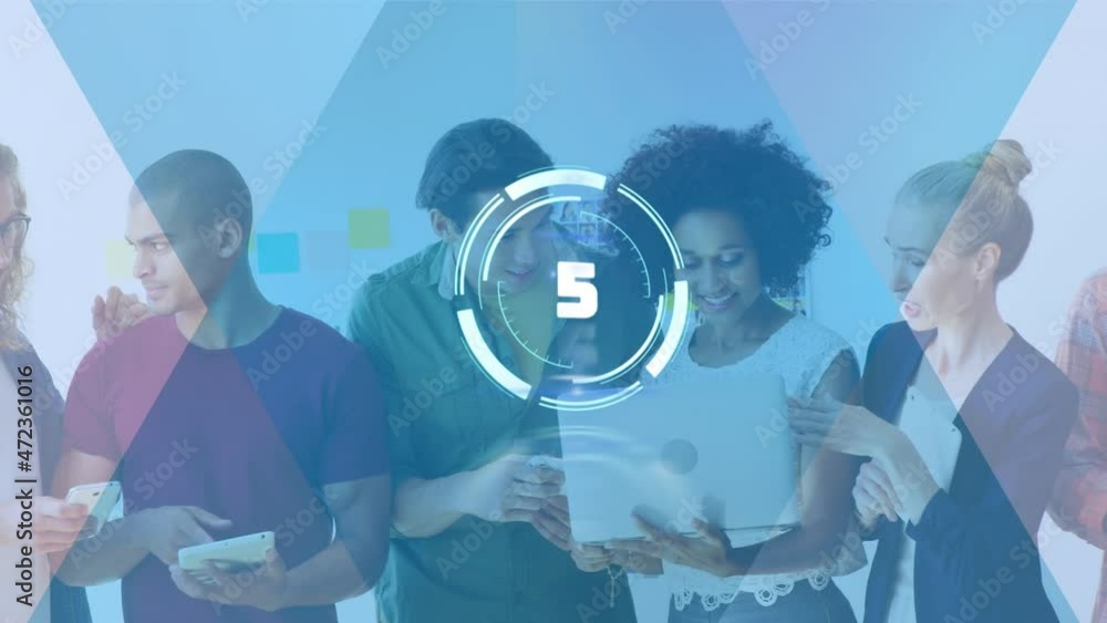 Aufkleber animation of scope scanning with countdown over business people using electronic devices