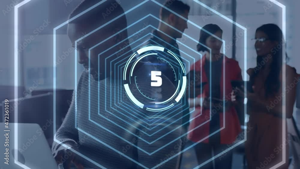 Poster Animation of scope scanning with countdown over business people using electronic devices