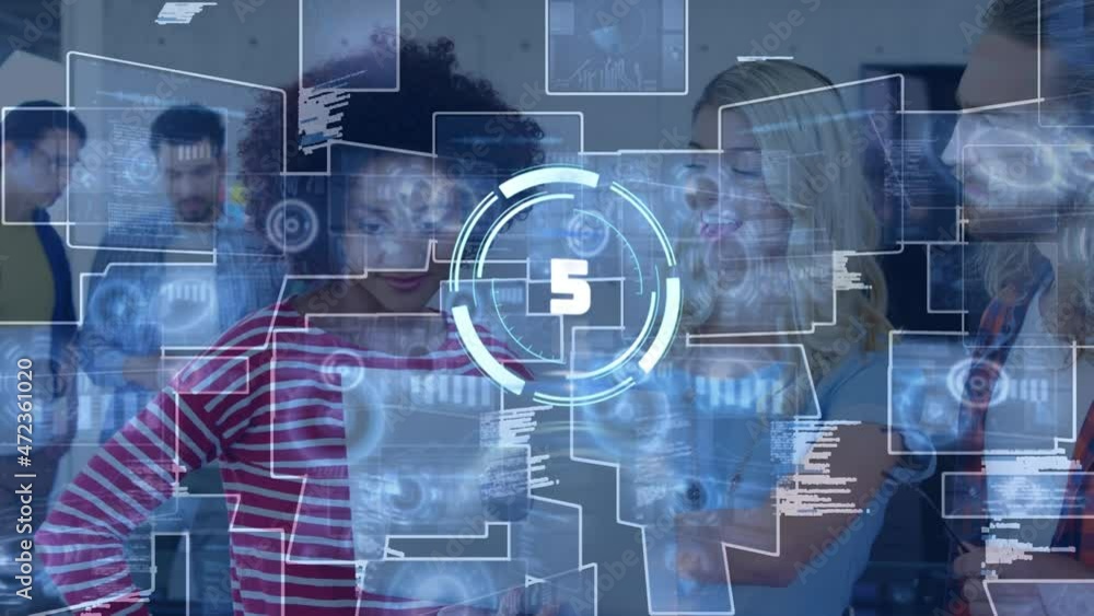Poster animation of scope scanning with countdown over business people using laptop