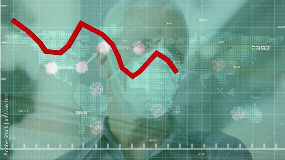 Poster Animation of statistics and data processing with red line over man wearing face mask