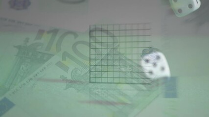 Animation of financial data processing over two dice and euro currency bills on green background - Powered by Adobe