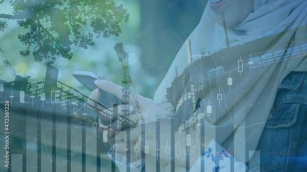 Poster animation of statistics and data processing over woman in hijab using smartphone