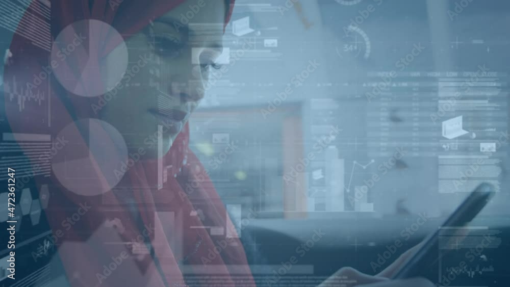 Poster animation of statistics and data processing over woman in hijab using smartphone